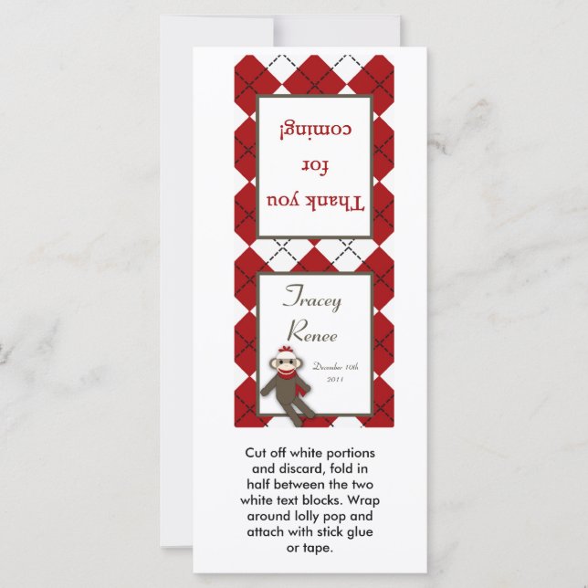 25 Lollipop Topper Red Sock Monkey Argyle (Voorkant)