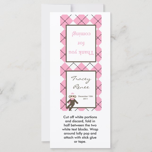 25 Lollipop Topper Roze Argyle Sock Aap (Voorkant)