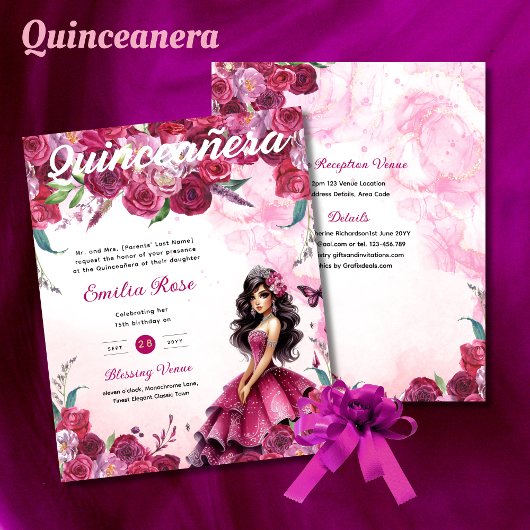 25 Magenta Roze Quinceanera Jurk Bloemenpapier Flyer