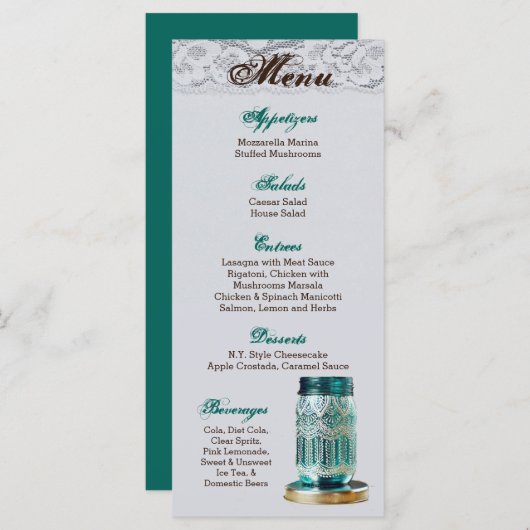 25-menkkaarten Robuust land Mason Jar Lace Print Menu (Voorkant / Achterkant)