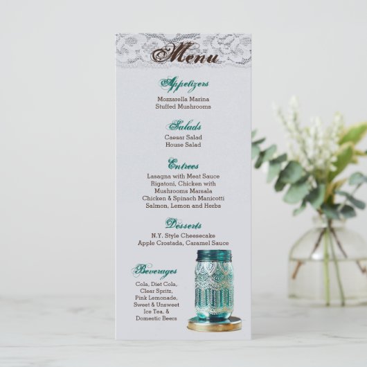 25-menkkaarten Robuust land Mason Jar Lace Print Menu (Staand voorkant)