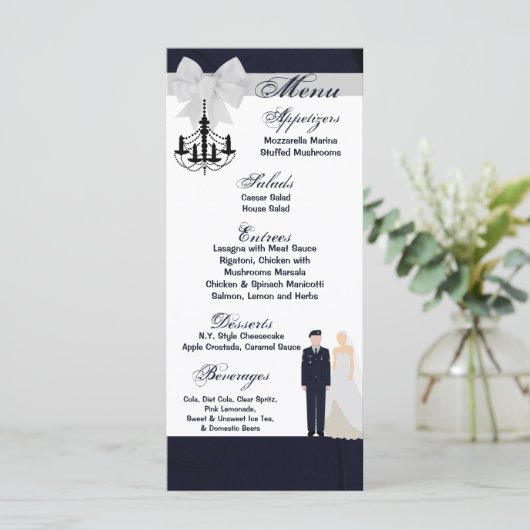 25 Menu Kaarten ARMY Uniform Groom Bruid Jurk Blue (Staand voorkant)