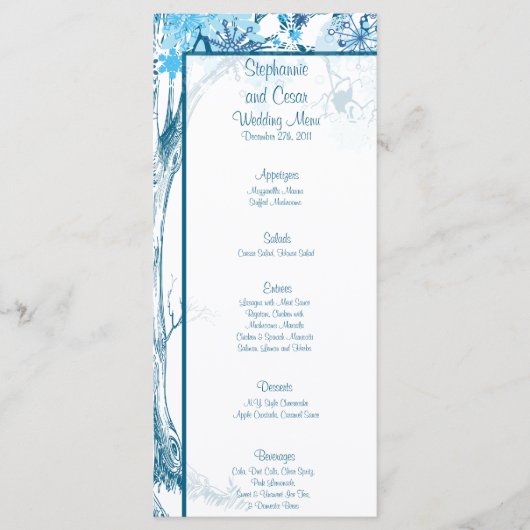 25 Menu Kaarten Blue Tree / Sneeuwvlokken (Voorkant)
