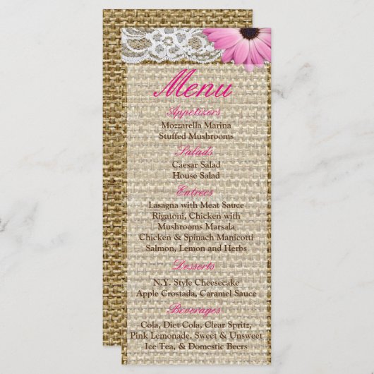 25 Menu Kaarten Burlap Kant Roze Daisy Flower (Voorkant / Achterkant)