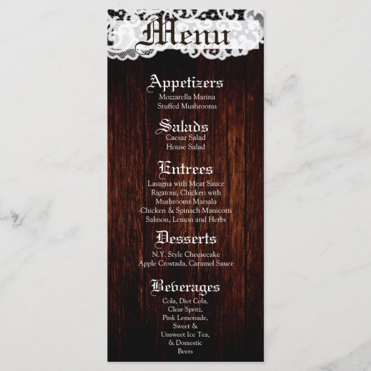25 Menu Kaarten Country Dark Barn Wood Lace (Voorkant)