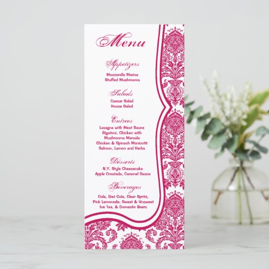 25 Menu Kaarten Fusia White Damask Lace Print Patt (Staand voorkant)