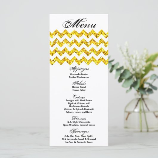 25 Menu Kaarten Gele Glitter Chevron Zig Zag Afdru (Staand voorkant)