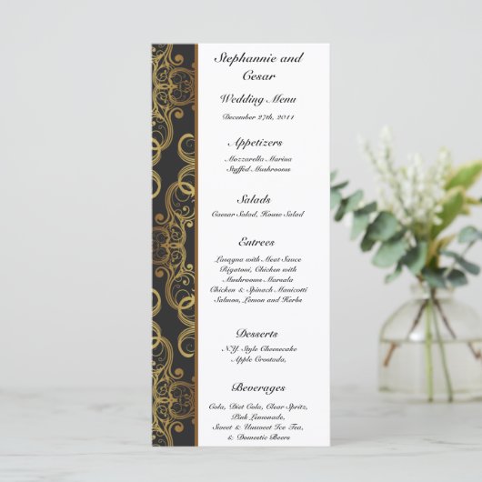 25 Menu Kaarten Goud en Zwart Damask (Staand voorkant)