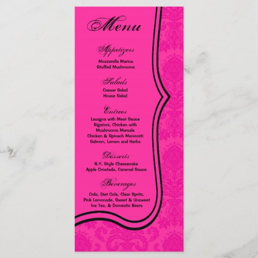 25 Menu Kaarten Hot Pink Black Damask Kant Print (Voorkant)
