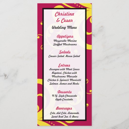 25 Menu Kaarten Hot Pink/Yellow Swirls Stippen (Voorkant)