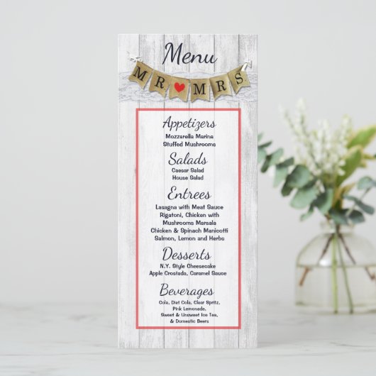 25 Menu Kaarten Jute Mr. en Mrs. Banner (Staand voorkant)