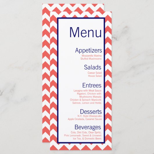 25 Menu Kaarten Koraal Navy Blue Chevron Naam Focu (Voorkant / Achterkant)