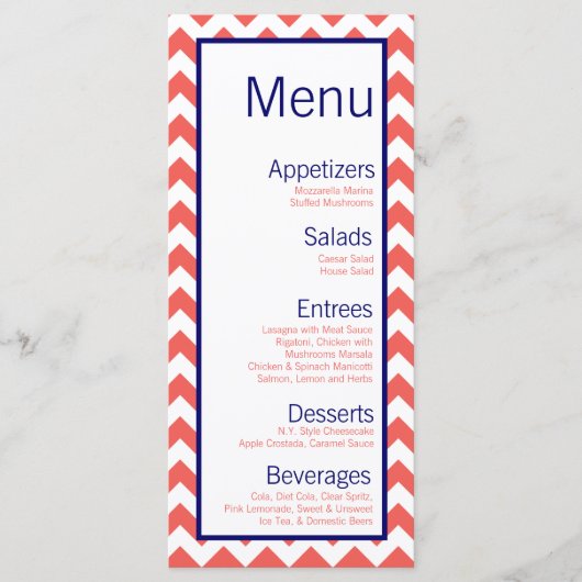 25 Menu Kaarten Koraal Navy Blue Chevron Naam Focu (Voorkant)