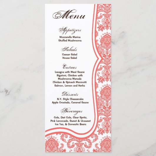 25 Menu Kaarten Koraal Roze Damask Lace Print Patt (Voorkant)
