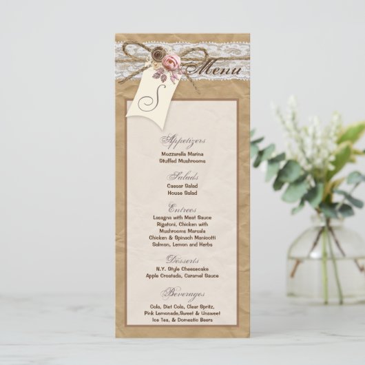 25 Menu Kaarten Kraft Papier Kant Twine Bow Roos S (Staand voorkant)