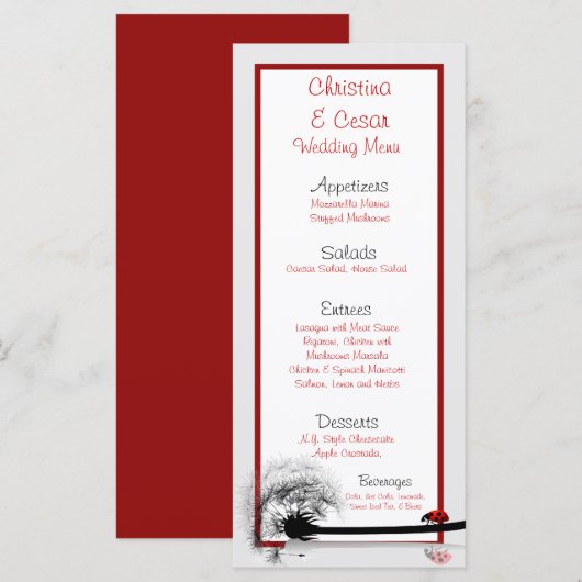 25 Menu Kaarten Lady Bug op Paardebloem Rood Silho (Voorkant / Achterkant)