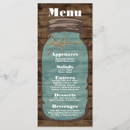 25 Menu Kaarten Mason Jar Barn Wood Country Rustic (Voorkant)