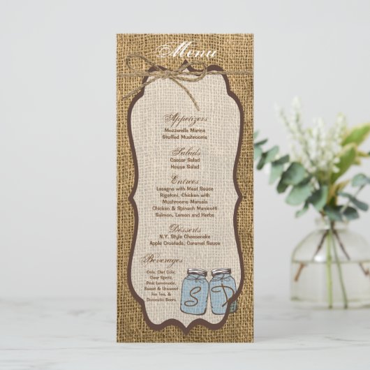 25 Menu Kaarten Mason Jar Burlap Country Rustic Po (Staand voorkant)
