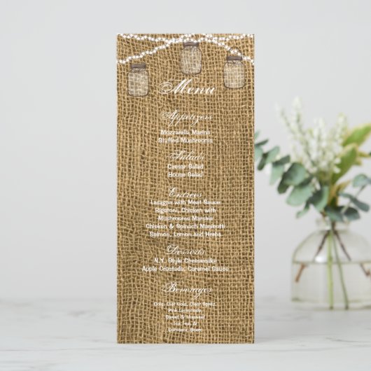 25 Menu Kaarten Mason Jar String Lights Burlap Pot (Staand voorkant)