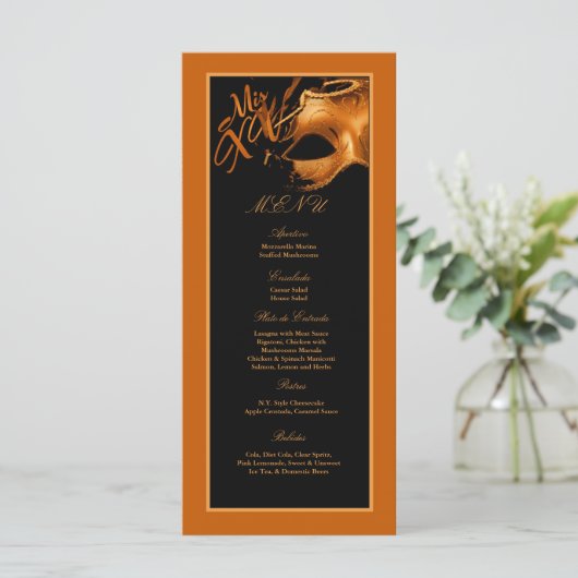 25 Menu Kaarten Mis XV Sinaasappel Black Party (Staand voorkant)