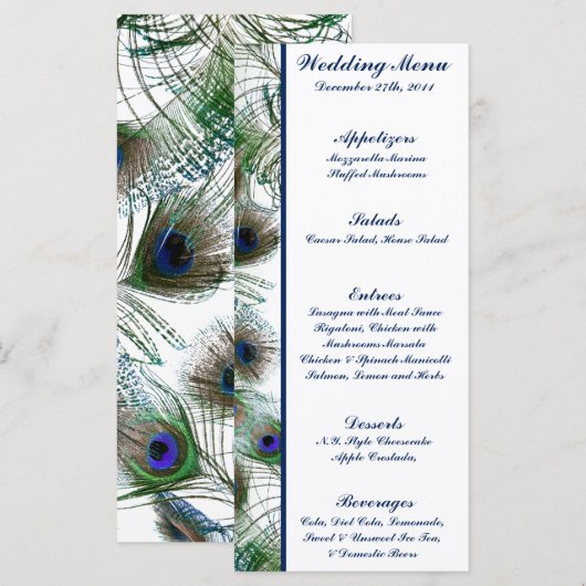 25 Menu Kaarten Pauw Veren Blauw/Groen Elegant (Voorkant / Achterkant)