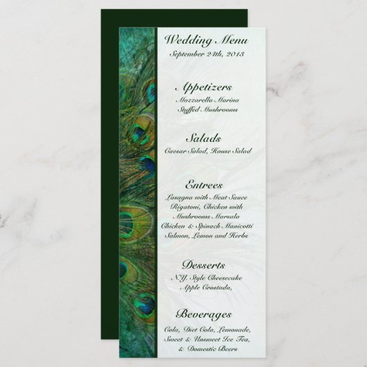 25 Menu Kaarten Peacock Green Feathers (Voorkant / Achterkant)