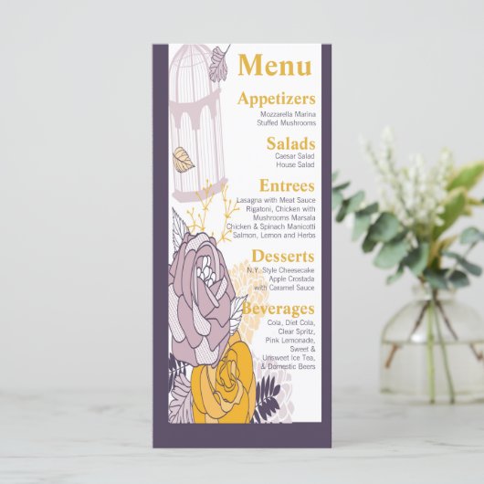 25 Menu Kaarten Plum Mosterd Roos Vogelkooi (Staand voorkant)