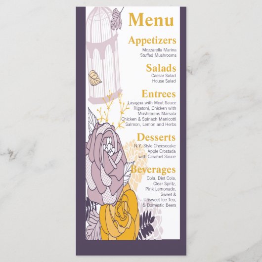 25 Menu Kaarten Plum Mosterd Roos Vogelkooi (Voorkant)