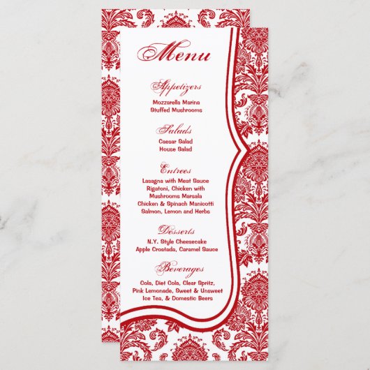 25 Menu Kaarten Red Crimson White Damask Kant Prin (Voorkant / Achterkant)