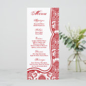 25 Menu Kaarten Red Crimson White Damask Kant Prin (Staand voorkant)