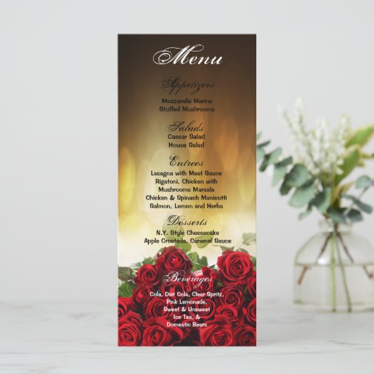 25 Menu Kaarten Red Rose Bouquet Bruidsbloem Flora (Staand voorkant)
