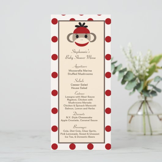 25 Menu Kaarten Red Sock Monkey (Staand voorkant)