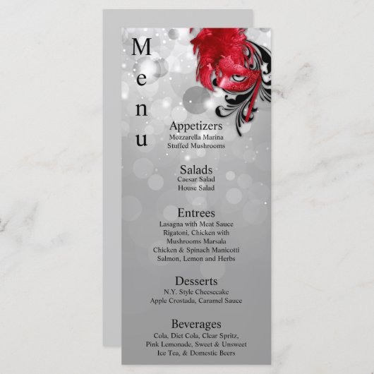 25 Menu Kaarten Rood op Zilveren Maskerade Kerst (Voorkant / Achterkant)