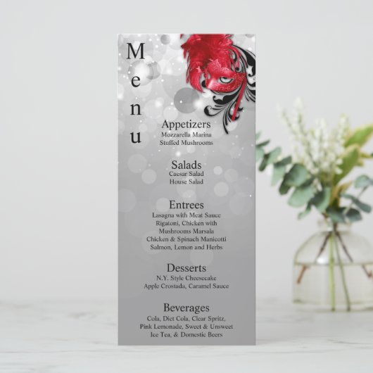 25 Menu Kaarten Rood op Zilveren Maskerade Kerst (Staand voorkant)