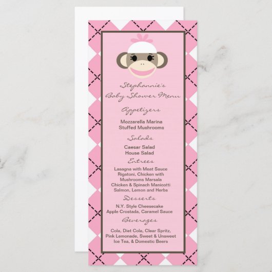 25 Menu Kaarten Roze Argyle Sock Monkey (Voorkant / Achterkant)