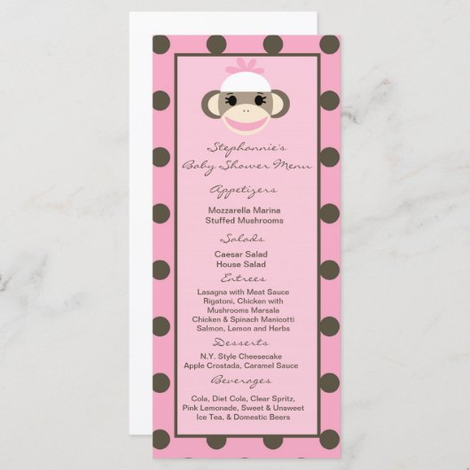 25 Menu Kaarten Roze Sock Aap (Voorkant / Achterkant)