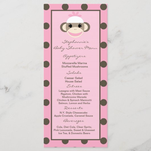 25 Menu Kaarten Roze Sock Aap (Voorkant)