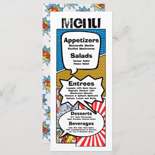 25 Menu Kaarten Stripboek Pop Art Cartoon (Voorkant / Achterkant)