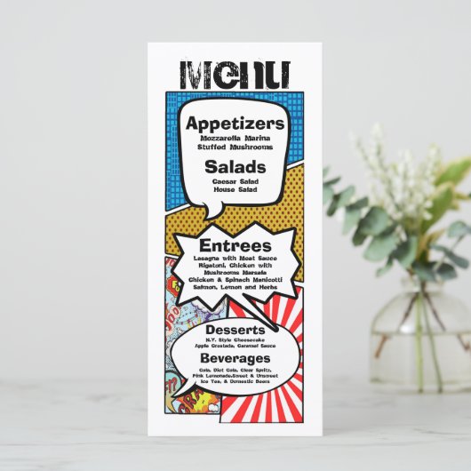 25 Menu Kaarten Stripboek Pop Art Cartoon (Staand voorkant)