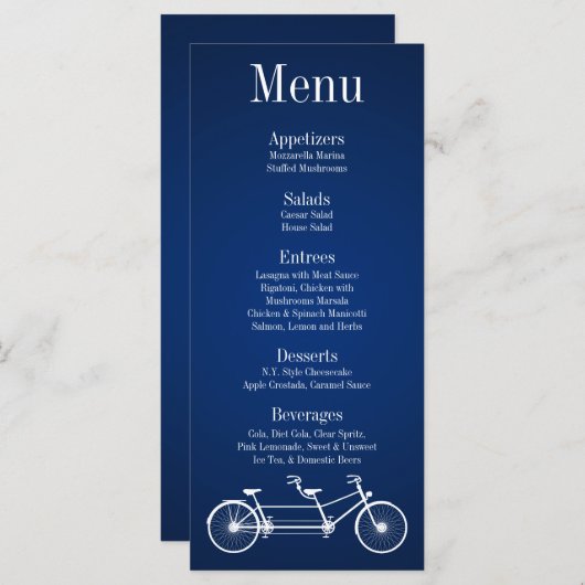 25 Menu Kaarten Whimsical Navy Blue Double Bike (Voorkant / Achterkant)