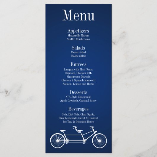 25 Menu Kaarten Whimsical Navy Blue Double Bike (Voorkant)
