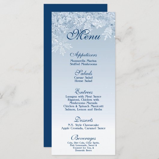 25 Menu Kaarten Winter Wonderland Crystal Snowflak (Voorkant / Achterkant)