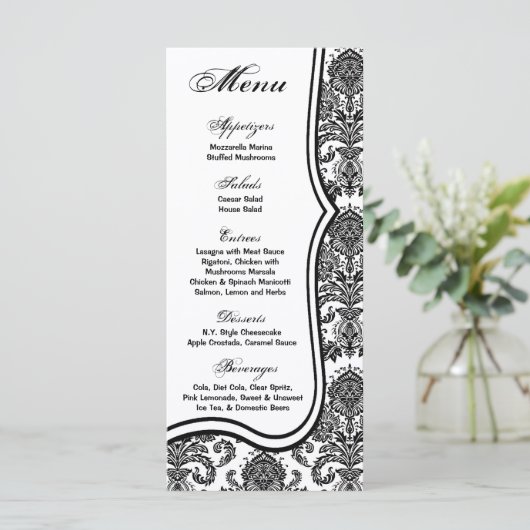 25 Menu Kaarten Zwart Wit Damask Lace Print Patter (Staand voorkant)