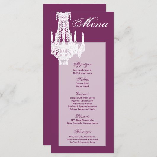 25 Menukaarten Crystal Chandelier Glitz Glamor Dia Menu (Voorkant / Achterkant)