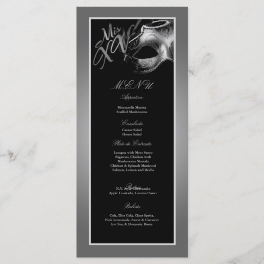 25 menukaarten Mis XV Silver Black Party Menu (Voorkant)