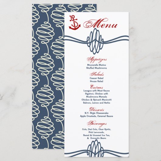 25 Menukaarten Navy Nautical Knot Anchor Blue Red Menu (Voorkant / Achterkant)