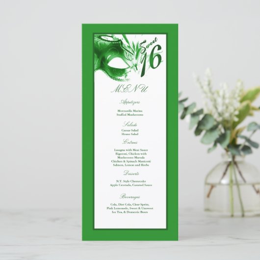 25 menukaarten Sweet 16 Green Party Menu (Staand voorkant)