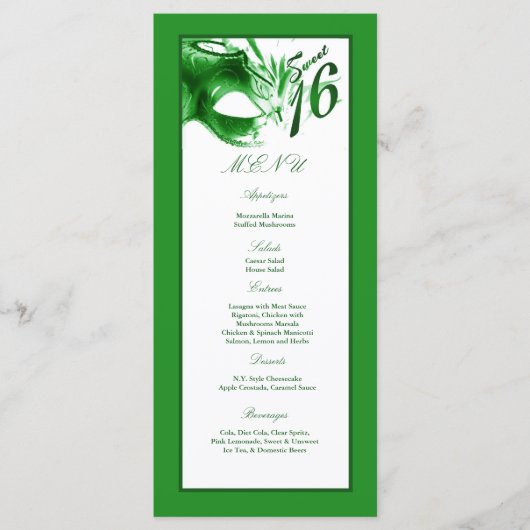 25 menukaarten Sweet 16 Green Party Menu (Voorkant)