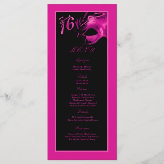 25 menukaarten Sweet 16 Hot Pink Black Party Menu (Voorkant)