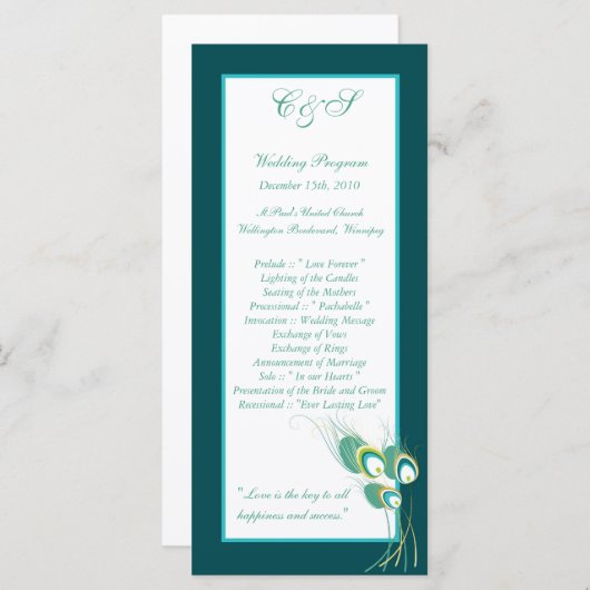 25 moderne Blauwgroen pauw bruiloft programma's (Voorkant / Achterkant)